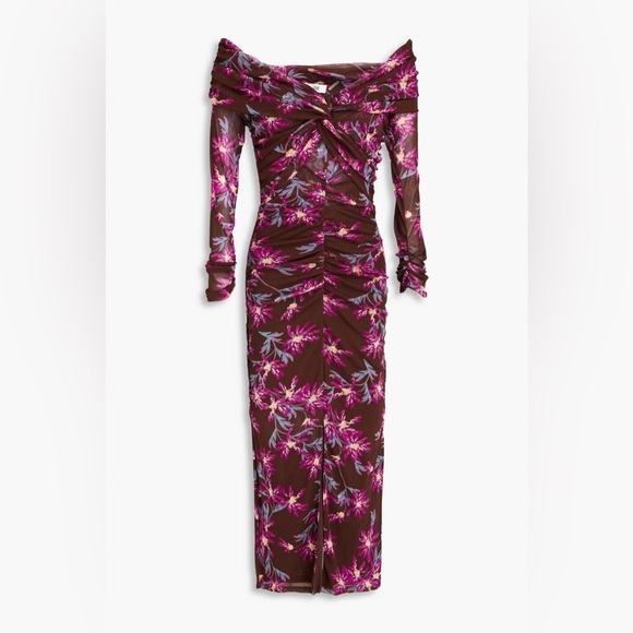 DIANE VON FURSTENBERG / clementine ruched mesh floral midi dress  Bodycon XXS - Picture 2 of 13